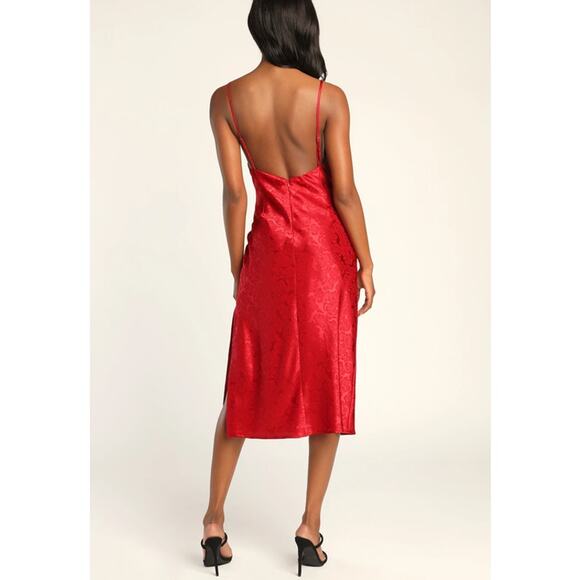 Lulus You're My Type Red Satin Jacquard Midi Slip Dress Size Small NEW - Picture 4 of 8